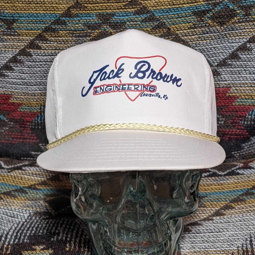 90s Jack Brown Engineering White Canvas Rope Snapback. Cleaned and reshaped.